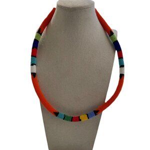 Vintage Native Tribal Western Orange Glass Seed  Beadwork Collar Necklace Aztec